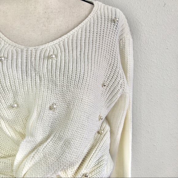 Pearl Beaded Twist Knot Tied Sweater Cream - Picture 2 of 6